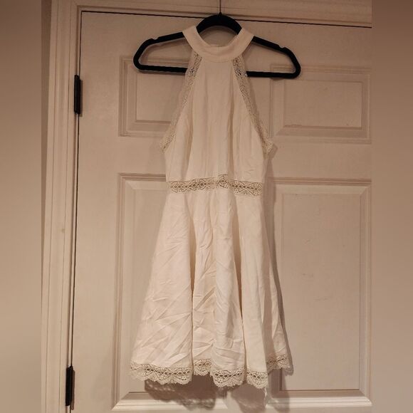 Lulu's stretchy white lace trim halter fit and flare dress - Picture 1 of 6